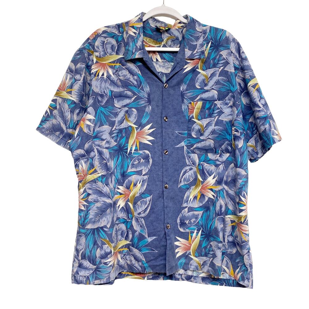 Vintage Hawaii Blues Mens Size XL  Tropical Floral Print Short Sleeve Button Up